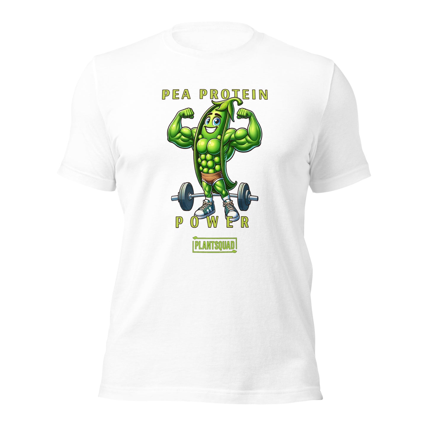 A Plantsquad Peas "Pea Protein Power" - Unisex T-Shirt featuring a cartoon image of a muscular pea pod lifting a barbell. The text above the image reads "PEA PROTEIN" and "POWER," and below it, "PLANTSQUAD." This tee captures the essence of vegan fitness and celebrates strength through a plant-based lifestyle.