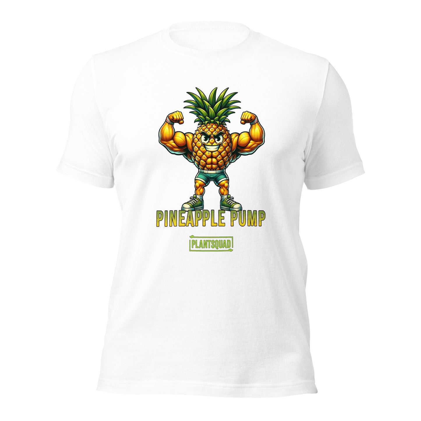 A black Plantsquad Pineapple "Pineapple Pump" - Unisex T-Shirt featuring an illustration of a muscular pineapple character flexing its biceps. Perfect for fitness enthusiasts, the text "Pineapple Pump" is written below, along with a yellow rectangular logo that says "Plantsquad," promoting a fun vegan lifestyle.