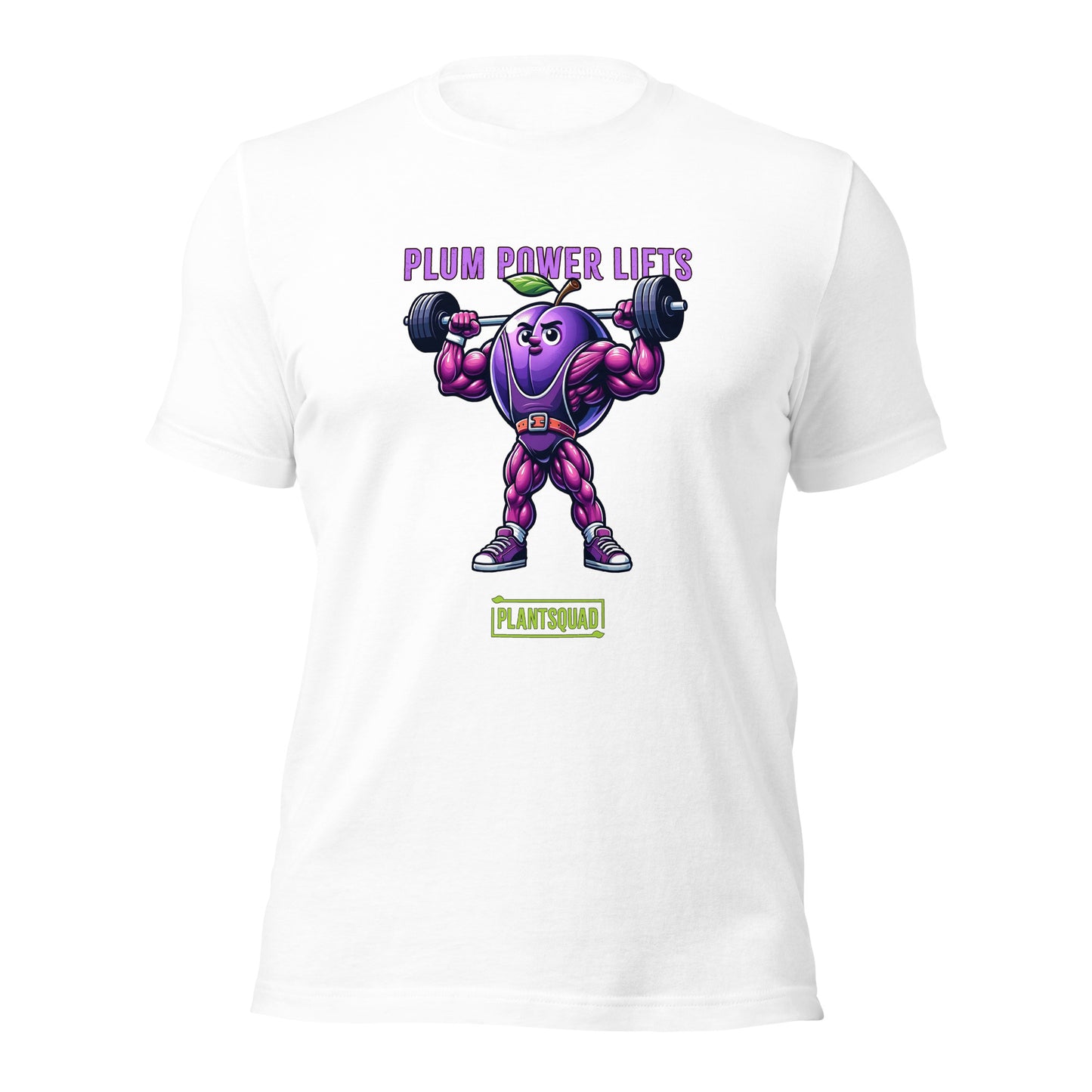 Plantsquad Plum "Plum Power Lifts" - Unisex T-Shirt featuring a cartoon plum with muscular arms and legs lifting a barbell. The text above the image reads "Plum Power Lifts" and below it, there's a logo with "PLANTSQUAD." Perfect for fitness enthusiasts embracing a vegan lifestyle, the plum character is depicted in a vibrant, exaggerated style.