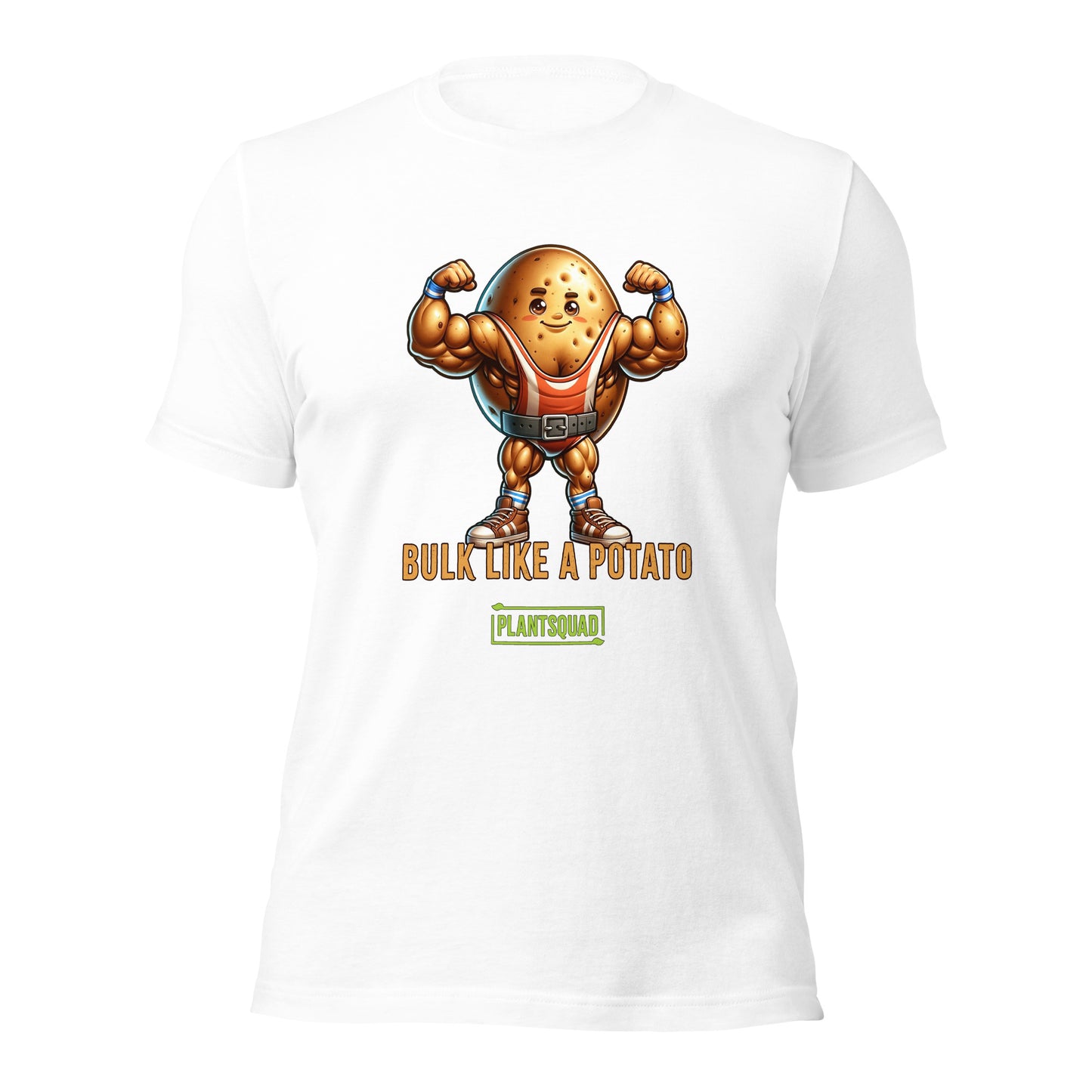 A black Plantsquad Potato "Bulk Like A Potato" - Unisex T-Shirt featuring a cartoon image of a muscular potato flexing its arms with a determined expression. Below the weight-lifting potato, the text reads "BULK LIKE A POTATO" in bold letters. The word "PLANTSQUAD" is also displayed towards the bottom in a green box, promoting a vegan lifestyle.