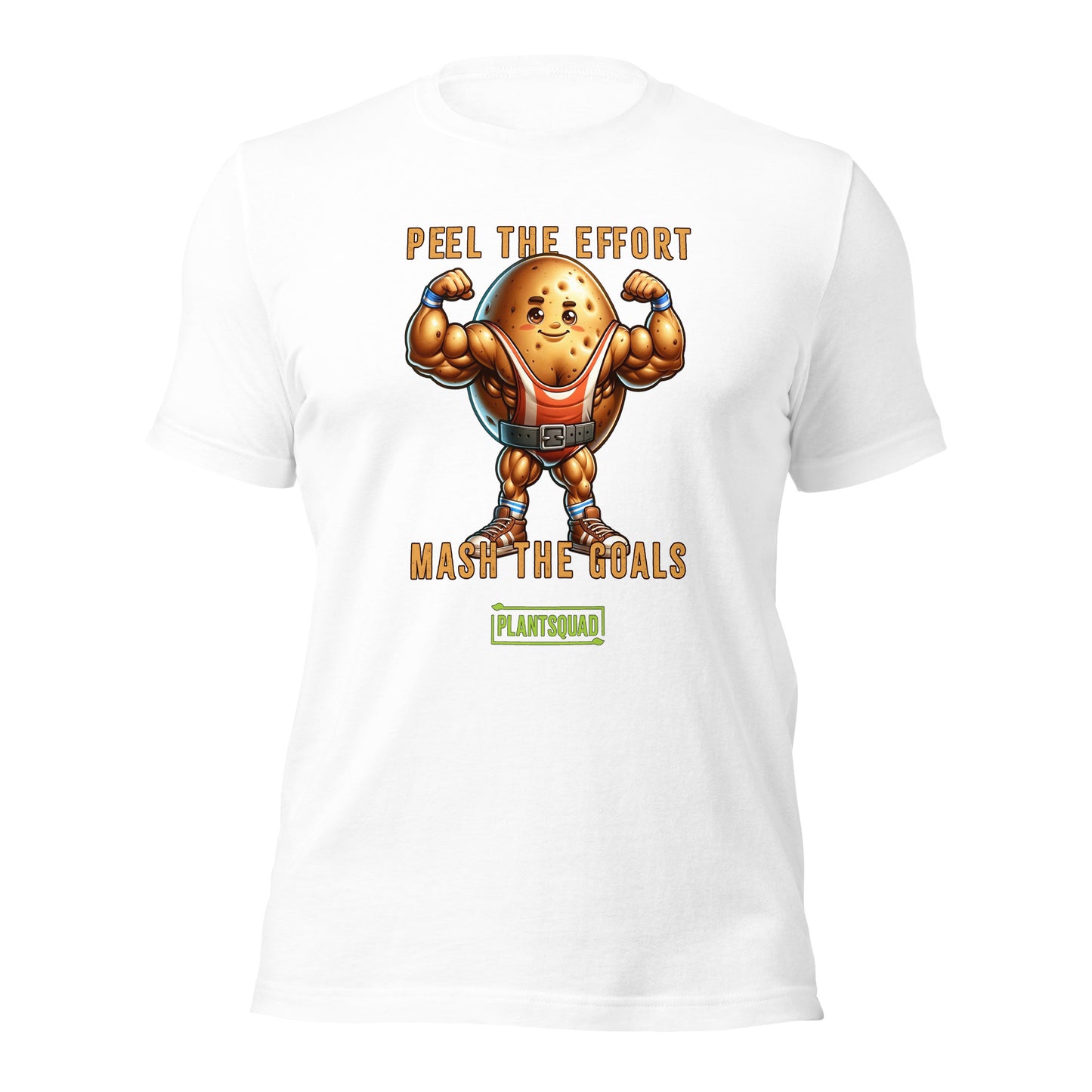 A black T-shirt featuring an illustration of a muscular potato flexing its arms. Above the potato, text reads "PEEL THE EFFORT." Below, text reads "MASH THE GOALS." Perfect for fitness enthusiasts, this vegan T-shirt showcases a small green rectangular logo at the bottom that says "PLANTSQUAD. The product name is Plantsquad Potato  "Peel The Effort Mash The Goals" - Unisex T-Shirt.