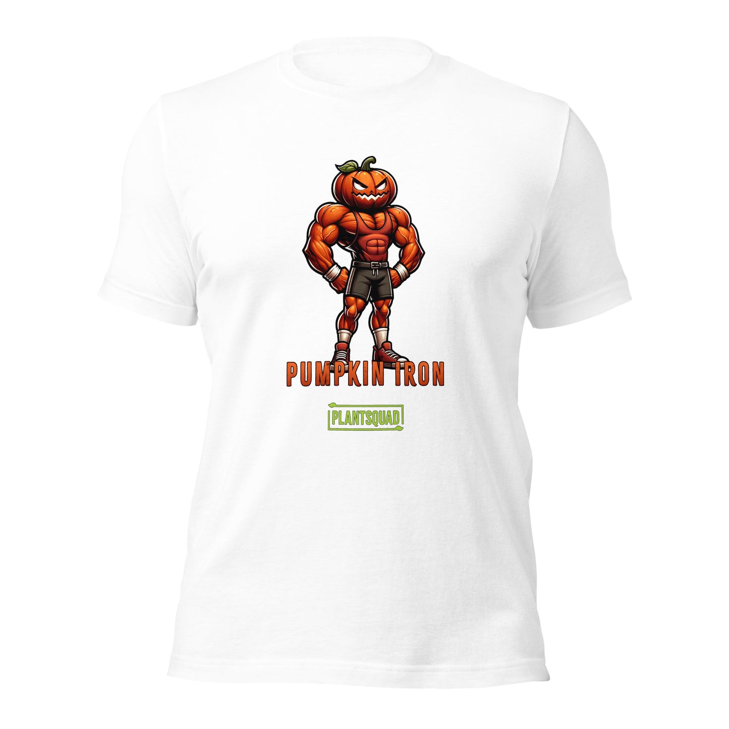 A Plantsquad Pumpkin "Pumpkin Iron" - Unisex T-Shirt featuring a muscular pumpkin-headed character flexing its arms. The character is wearing shorts, trainers, and gloves. The text "PUMPKIN IRON" is displayed in bold orange letters below the character, with "PLANTSQUAD" in green beneath it—perfect for fitness enthusiasts with a vegan lifestyle.