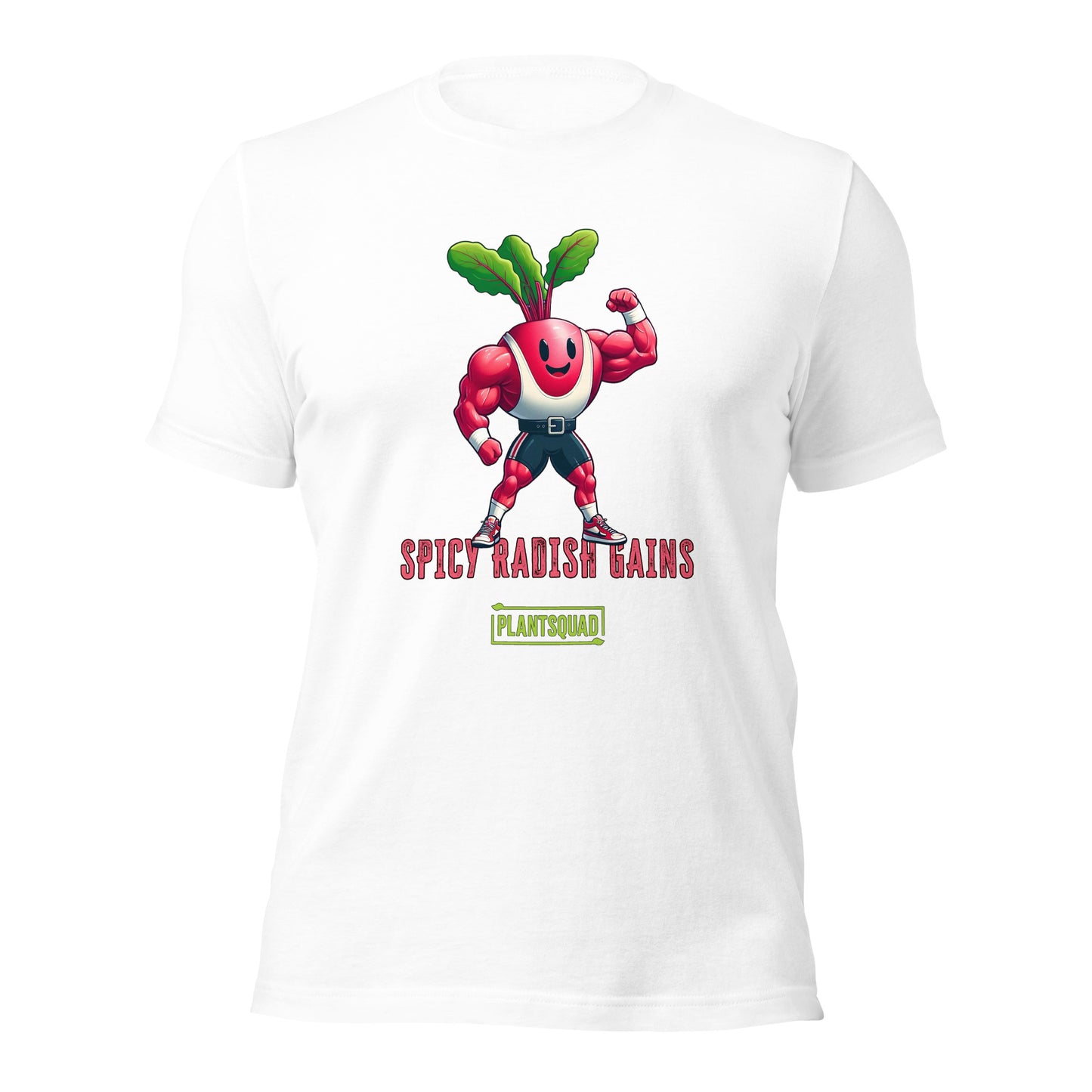 A Plantsquad Radish "Spicy Radish Gains" - Unisex T-Shirt features a muscular radish character with a smiling face and green leaves on its head, flexing its muscles. Below the character, the text reads "SPICY RADISH GAINS." The logo for "PLANTSQUAD" is displayed underneath the text, making it a perfect vegan fitness shirt.