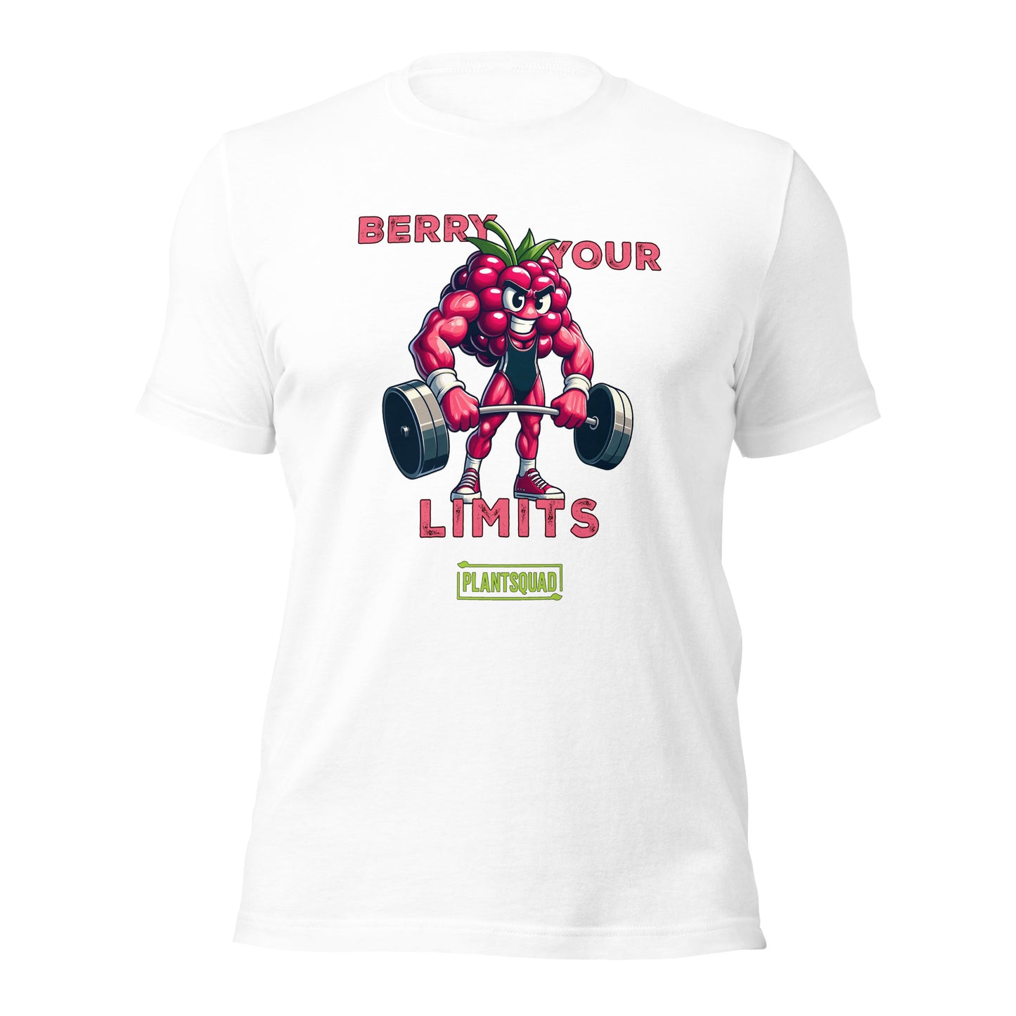 A black t-shirt displays a muscular anthropomorphic berry lifting dumbbells. Above, text reads, "Berry Your Limits," celebrating vegan fitness. At the bottom, the word "PlantSquad" is enclosed in a green box. The berry character is detailed with sneakers and a prominent expression.

Product Name: Plantsquad Raspberry "Berry Your Limits" - Unisex T-Shirt