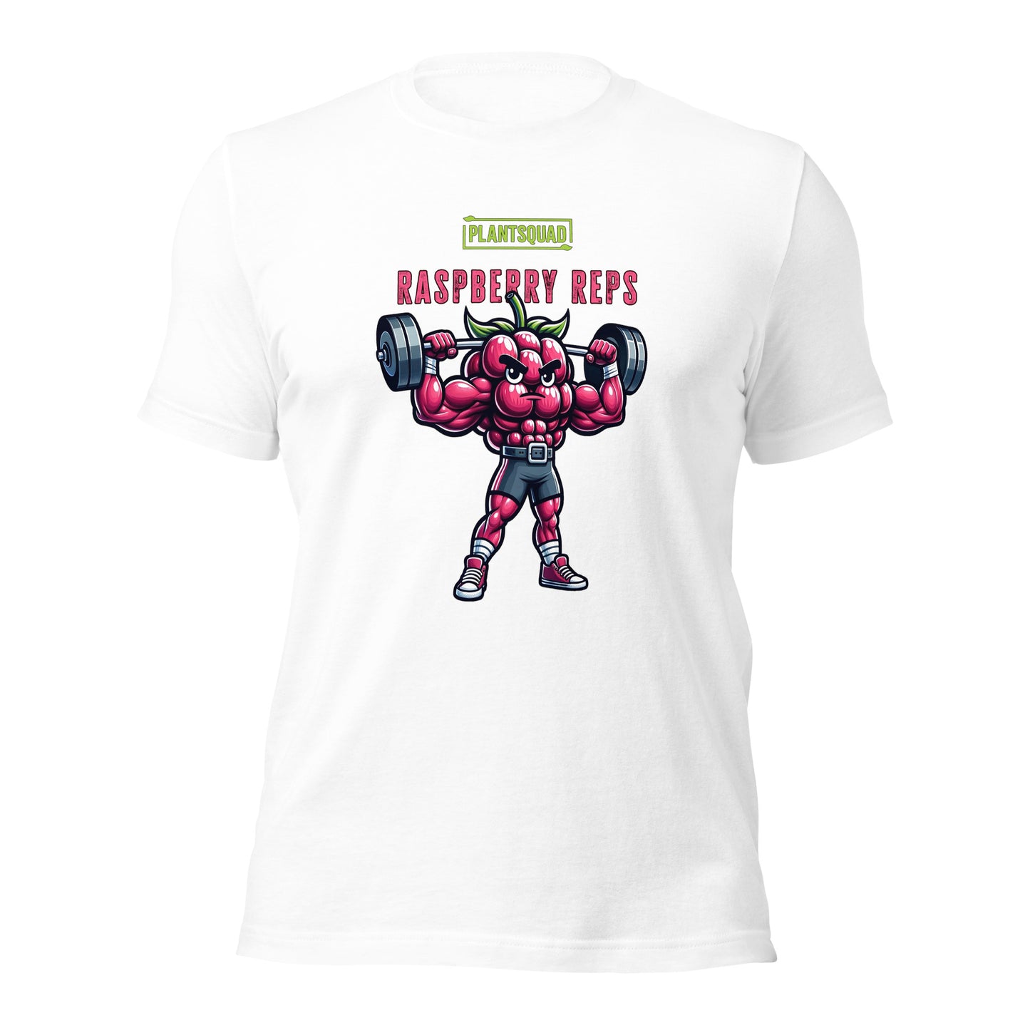 A black Plantsquad Raspberry "Raspberry Reps" - Unisex T-Shirt features a muscular raspberry lifting weights. Above the raspberry, the text reads "PLANTSQUAD" in green and "RASPBERRY REPS" in pink. The flexing raspberry character highlights vegan fitness while holding dumbbells—a perfect addition to your plant-based lifestyle collection.