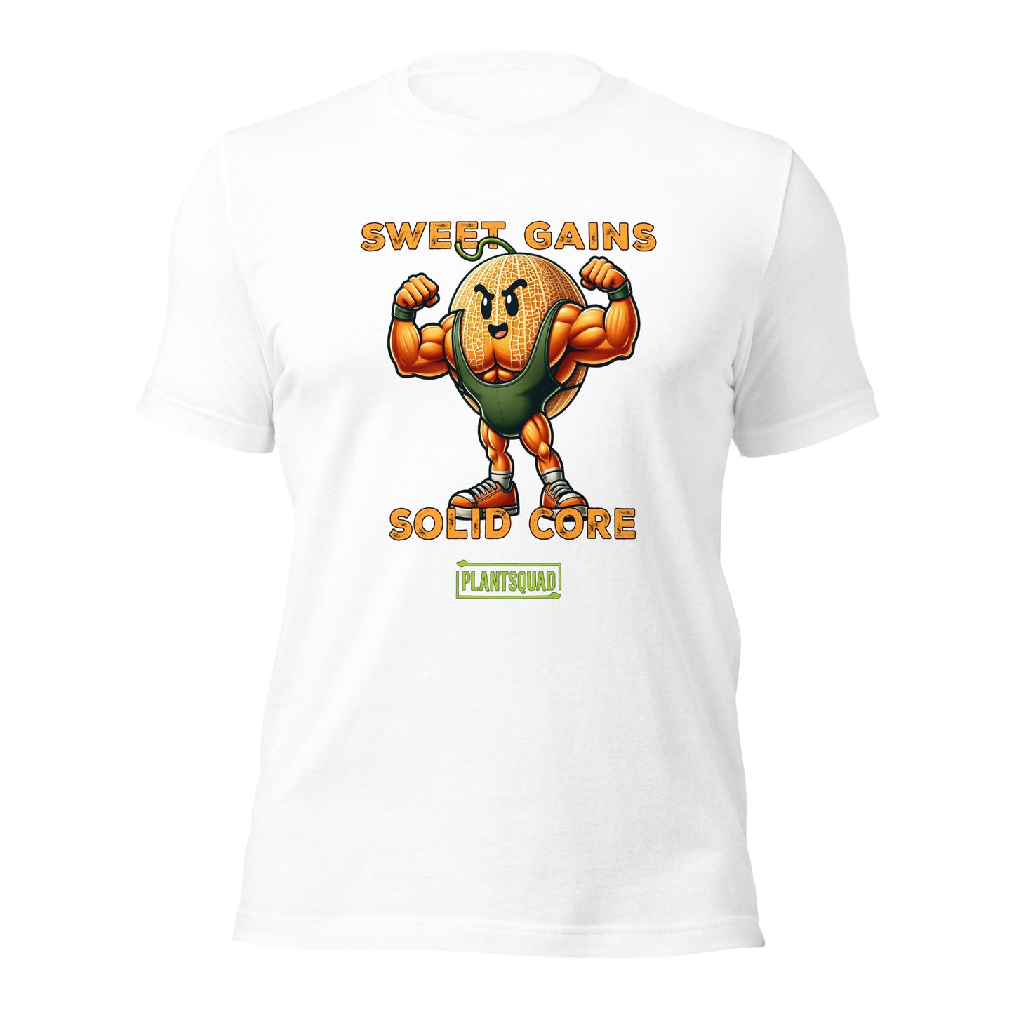 The Plantsquad Rockmelon "Sweet Gains Solid Core" - Unisex T-Shirt features a cartoon image of a muscular cantaloupe flexing its biceps. The text above reads "SWEET GAINS" and below reads "SOLID CORE." Made from breathable fabric, it's perfect for promoting your vegan lifestyle. The word "PLANTSQUAD" is printed at the bottom.