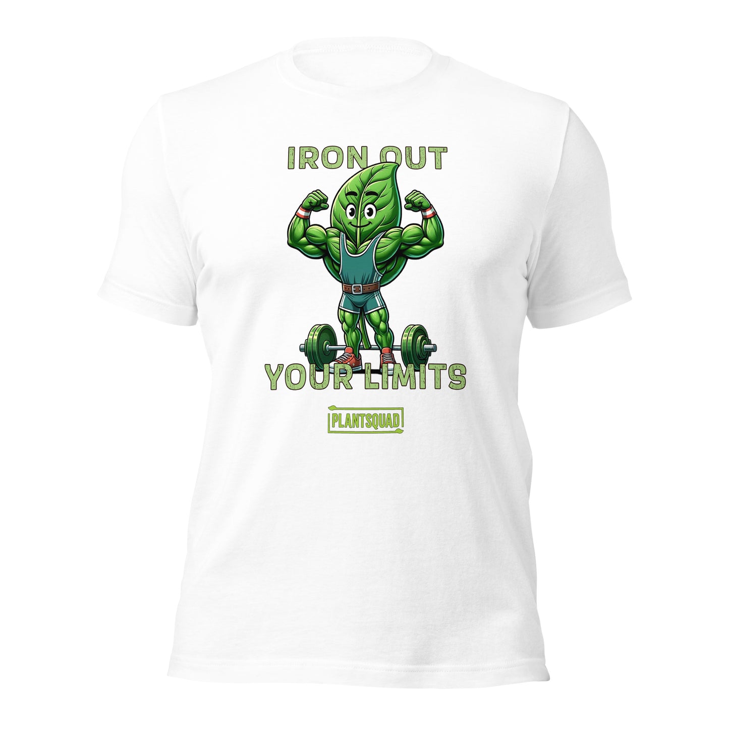 A black Plantsquad Spinach "Iron Out Your Limits" - Unisex T-Shirt featuring a muscular cartoon green leaf character lifting a barbell, with the text "IRON OUT YOUR LIMITS" above and below the character. Embrace your vegan lifestyle with the word "PLANTSQUAD" at the bottom in a small rectangular green box.