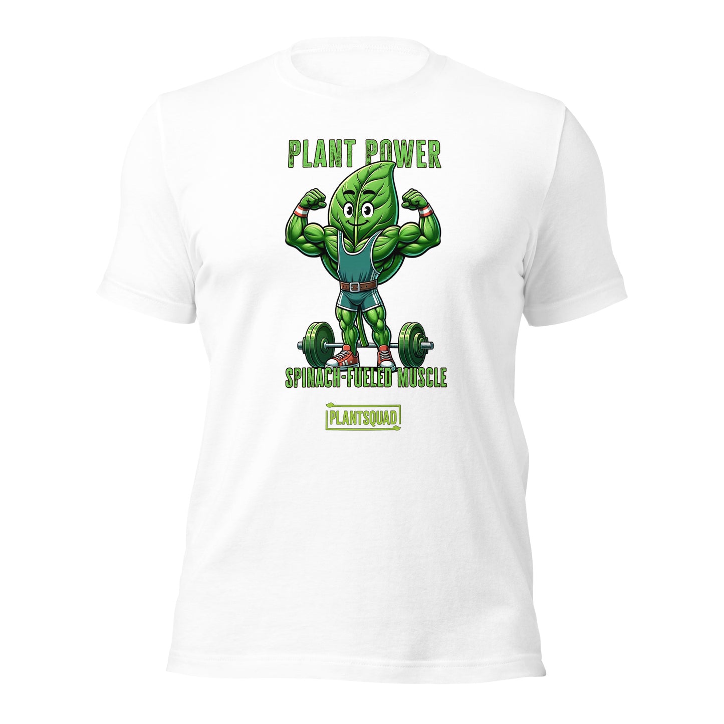 A black Plantsquad Spinach "Plant Power Spinach Fueled Muscle" - Unisex T-Shirt featuring a cartoon spinach leaf with muscular arms, wearing a green outfit and flexing next to a barbell. Perfect for fitness enthusiasts embracing the vegan lifestyle, it boasts "PLANT POWER, SPINACH-FUELED MUSCLE, #PLANTSQUAD" above and below the image.