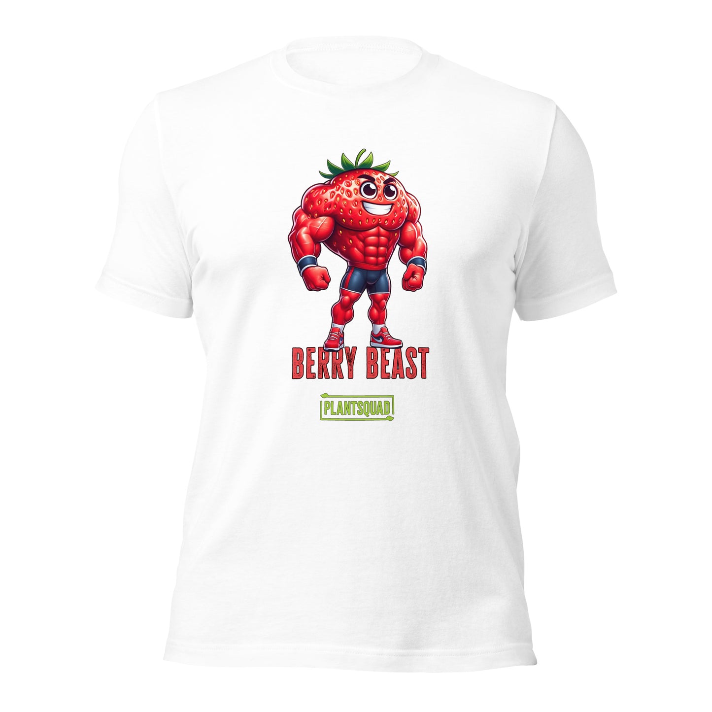 A black T-shirt displays a muscular cartoon strawberry character with arms crossed, wearing sneakers. Perfect for fitness enthusiasts, the design features "BERRY BEAST" in red and "PLANTSQUAD" in green, making it ideal for those embracing a vegan lifestyle. This is the Plantsquad Strawberry "Berry Beast" - Unisex T-Shirt.