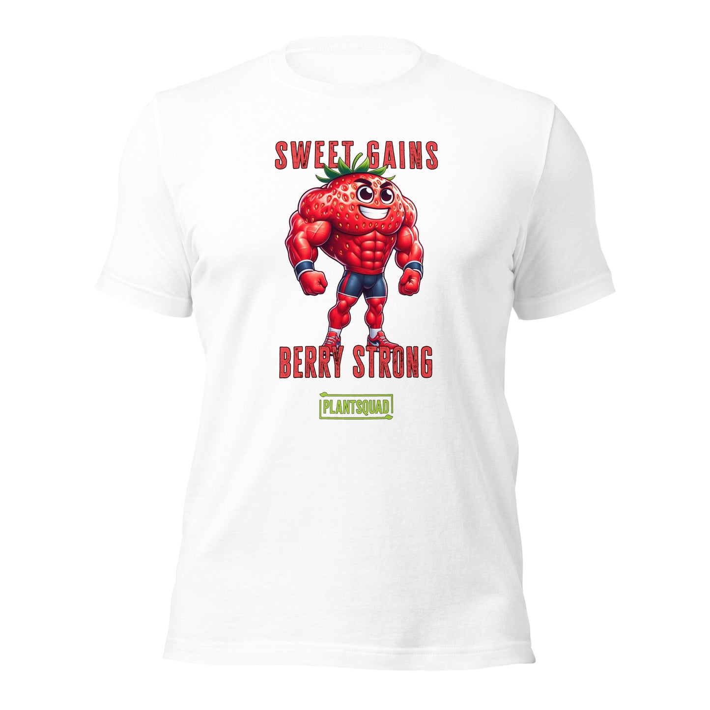 A black fitness T-shirt featuring a cartoon muscular strawberry in a superhero pose. Above the strawberry, the text reads "SWEET GAINS," and below it, "BERRY STRONG." Perfect for those embracing a vegan lifestyle, it sports a green logo with the word "PLANTSQUAD" at the bottom is called **Plantsquad Strawberry "Sweet Gains Berry Strong" - Unisex T-Shirt**.