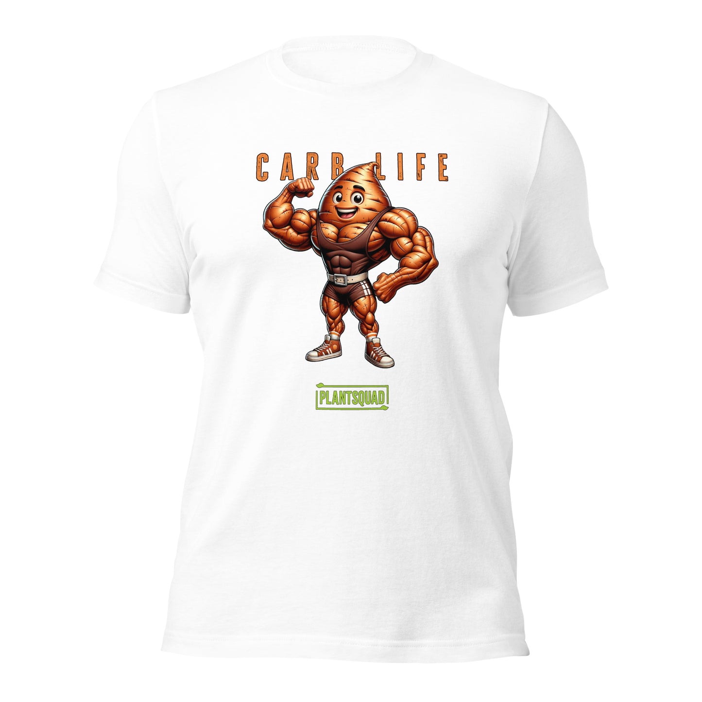 Plantsquad Sweet Potato "Carb Life" - Unisex T-Shirt featuring a muscular, flexing potato character with a smiley face. Above the character, text reads "CARB LIFE" in bold letters. Below the character, the word "PLANTSQUAD" appears in a green banner. Perfect for those embracing a plant based lifestyle and looking for unique fitness clothing.