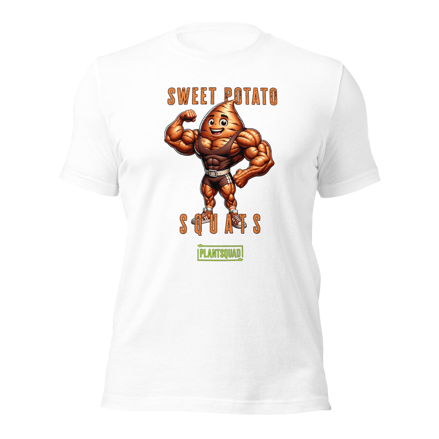 A Plantsquad Sweet Potato "Sweet Potato Squats" - Unisex T-Shirt featuring a muscular cartoon sweet potato character flexing its biceps. The text above the character reads "Sweet Potato" and below it reads "Squats." There is a green logo at the bottom with the text "PLANTSQUAD." Perfect for vegan fitness enthusiasts embracing a plant-based lifestyle.