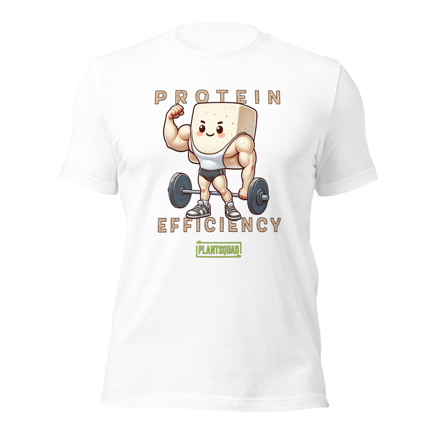 The Plantsquad Tofu "Protein Efficiency" - Unisex T-Shirt features a muscly tofu design with arms, legs, and a headband, lifting a barbell. The text above and below the character reads "PROTEIN EFFICIENCY." The phrase "Plant Squad" is printed below the illustration, perfect for those embracing a vegan fitness journey.