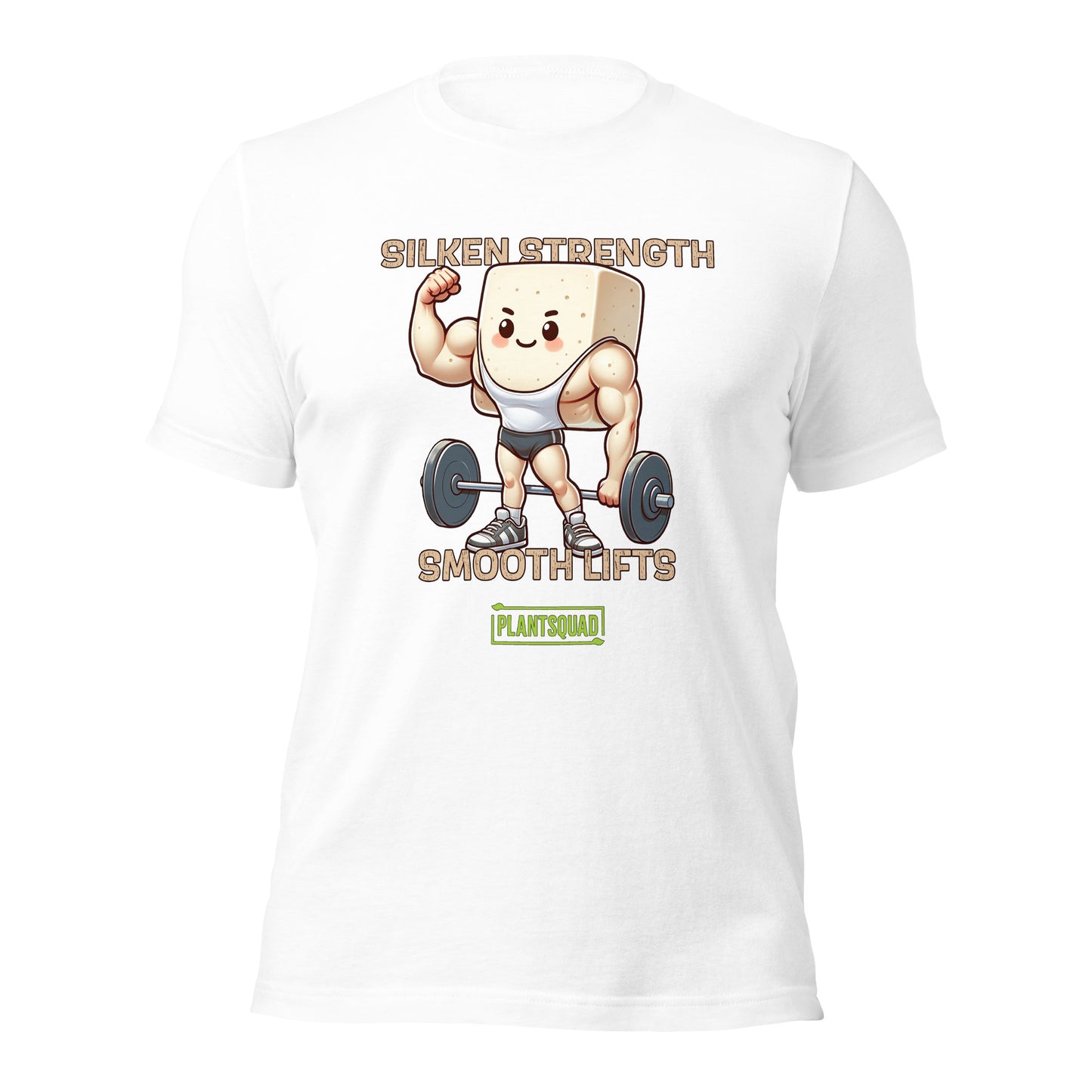 A black Plantsquad Tofu "Silken Strength Smooth Lifts" - Unisex T-Shirt featuring a muscly tofu cartoon character lifting weights. The text reads "Silken Strength" above the character and "Smooth Lifts" below. A green label with "PLANTSQUAD" at the bottom celebrates your plant-based lifestyle.