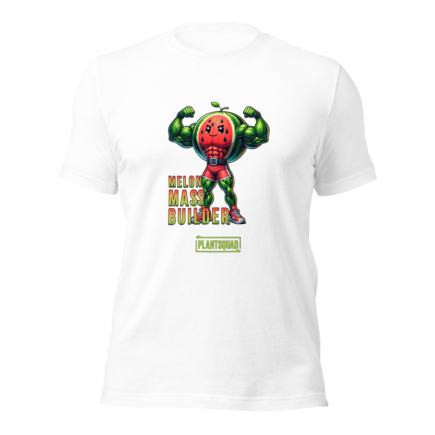 A black gym T-shirt features a muscly watermelon cartoon character flexing its arms. The text reads "Melon Mass Builder" in large colorful letters, with "Plant Squad" written below. Perfect for those embracing a vegan lifestyle, the design is bold and vibrant. The product name is: Plantsquad Watermelon "Melon Mass Builder" - Unisex T-Shirt.