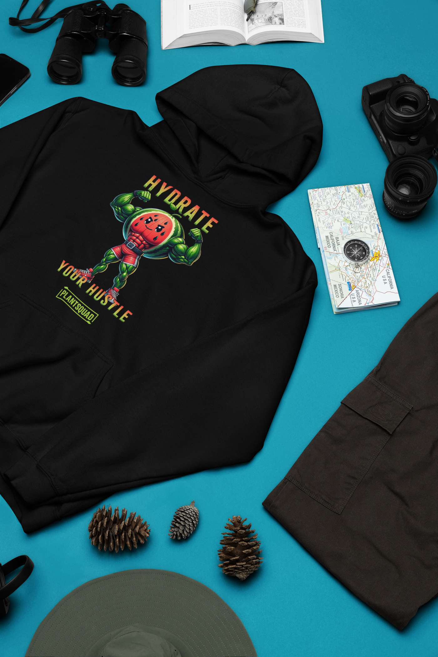 A black workout hoodie features an illustration of a muscular, anthropomorphic watermelon holding two water bottles. The text above and below the illustration reads, "Hydrate Your Hustle." Embrace your plant-based lifestyle with this stylish piece from Plantsquad Watermelon "Hydrate Your Hustle" - Unisex Hoodie.