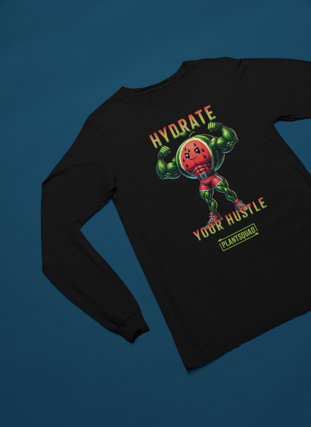 Plantsquad Watermelon "Hydrate Your Hustle" - Unisex Long Sleeve T-Shirt featuring a muscular anthropomorphic watermelon holding a water bottle. Text above the character reads, "Hydrate Your Hustle" in bold letters, and below it says "PlantSquad." The design is vibrant with a superhero theme, perfect for those embracing a vegan fitness journey.