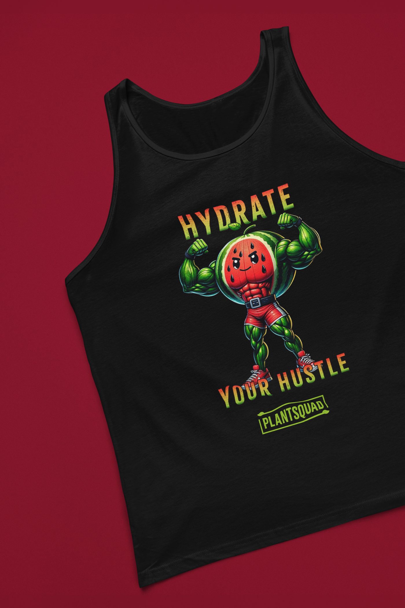 A Plantsquad Watermelon "Hydrate Your Hustle" - Unisex Tank Top featuring a muscular cartoon watermelon character flexing its arms. Text above the character reads "HYDRATE" and below it reads "YOUR HUSTLE" in bold letters. The breathable fabric ensures comfort, while the bottom displays the logo "PLANTSQUAD," perfect for a vegan lifestyle.