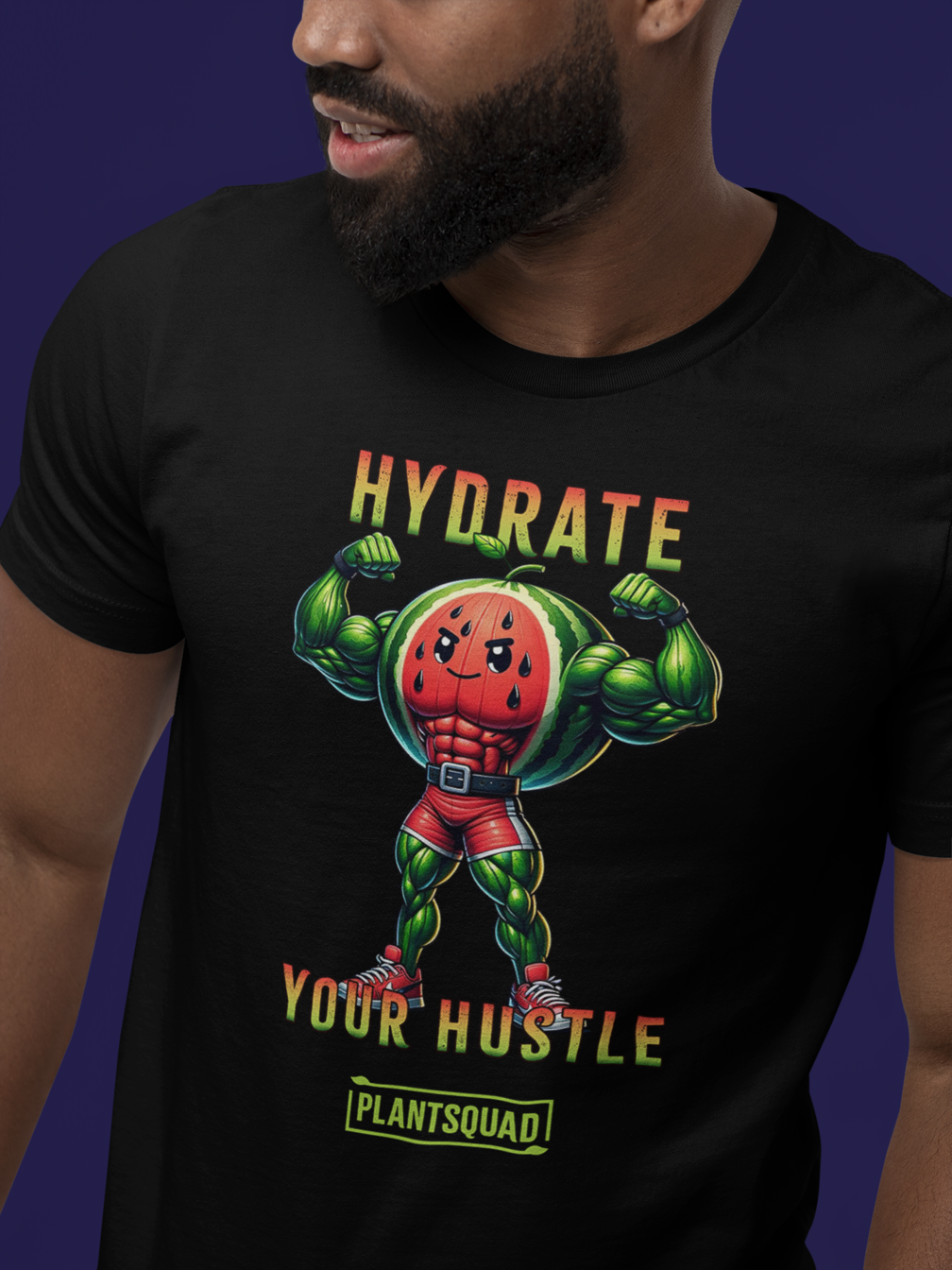 A Plantsquad Watermelon "Hydrate Your Hustle" - Unisex T-Shirt features an illustration of an anthropomorphic watermelon with muscular arms flexing. Above it, the text reads "Hydrate Your Hustle," and below, there's a logo for "Plantsquad." Embrace your vegan fitness in style as the watermelon character rocks a red singlet and green boots.