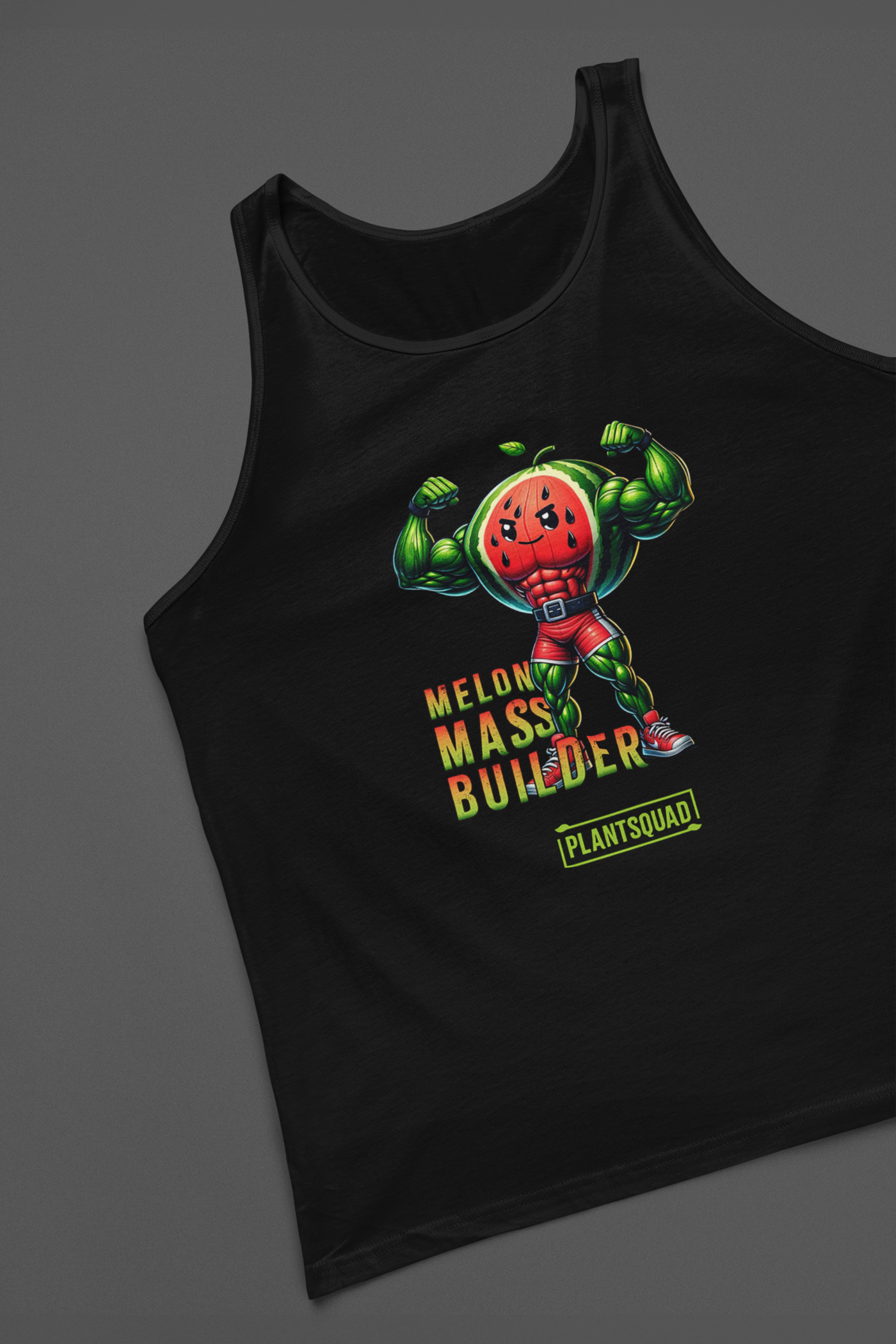 A Plantsquad Watermelon "Melon Mass Builder" - Unisex Tank Top featuring a graphic of a muscular watermelon character flexing its biceps. The text "Melon Mass Builder" and "Plant Squad" are displayed in stylized fonts near the character, making it an ideal piece of plant based workout apparel.