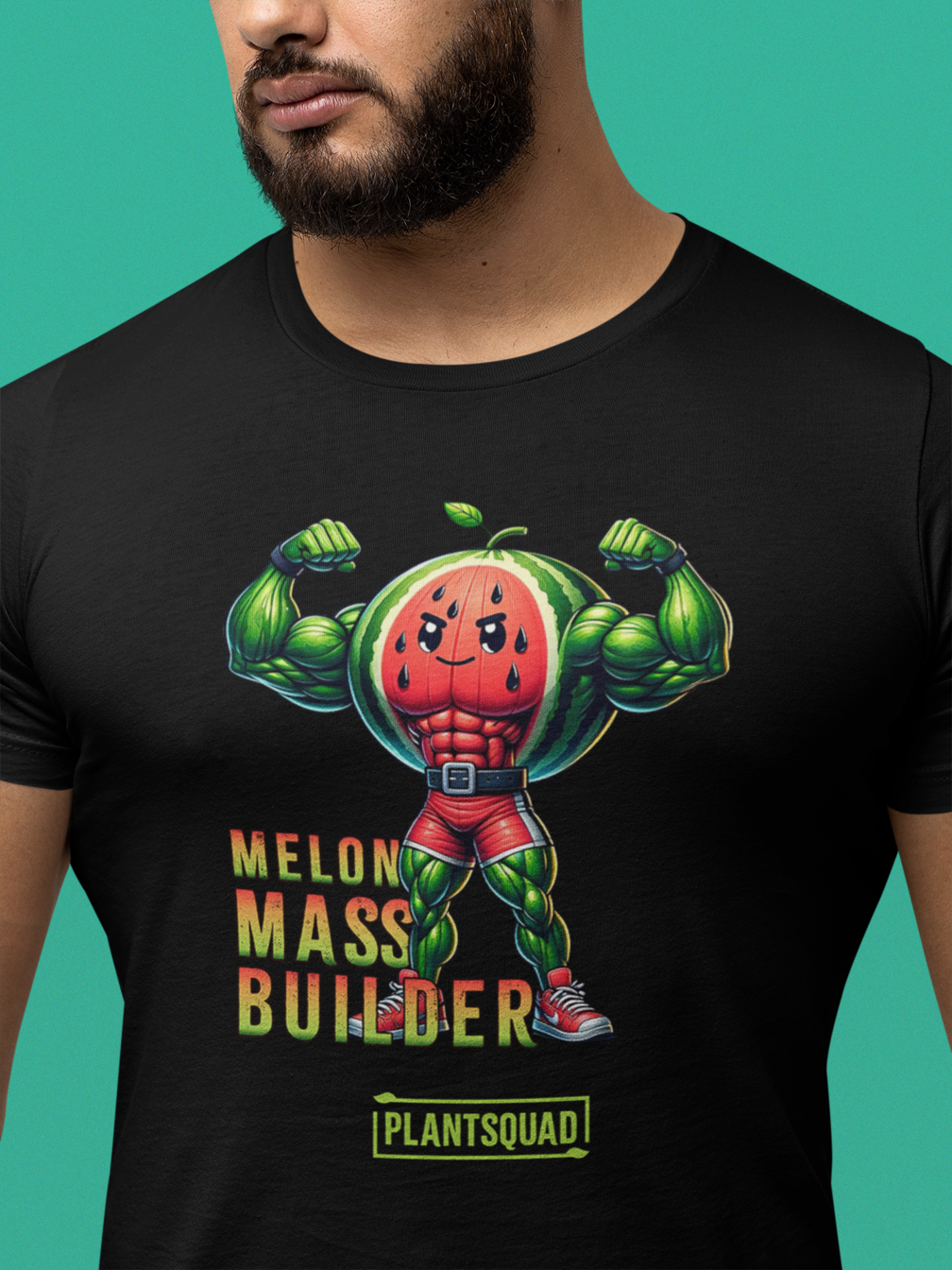 A black gym T-shirt features a muscly watermelon cartoon character flexing its arms. The text reads "Melon Mass Builder" in large colorful letters, with "Plant Squad" written below. Perfect for those embracing a vegan lifestyle, the design is bold and vibrant. The product name is: Plantsquad Watermelon "Melon Mass Builder" - Unisex T-Shirt.