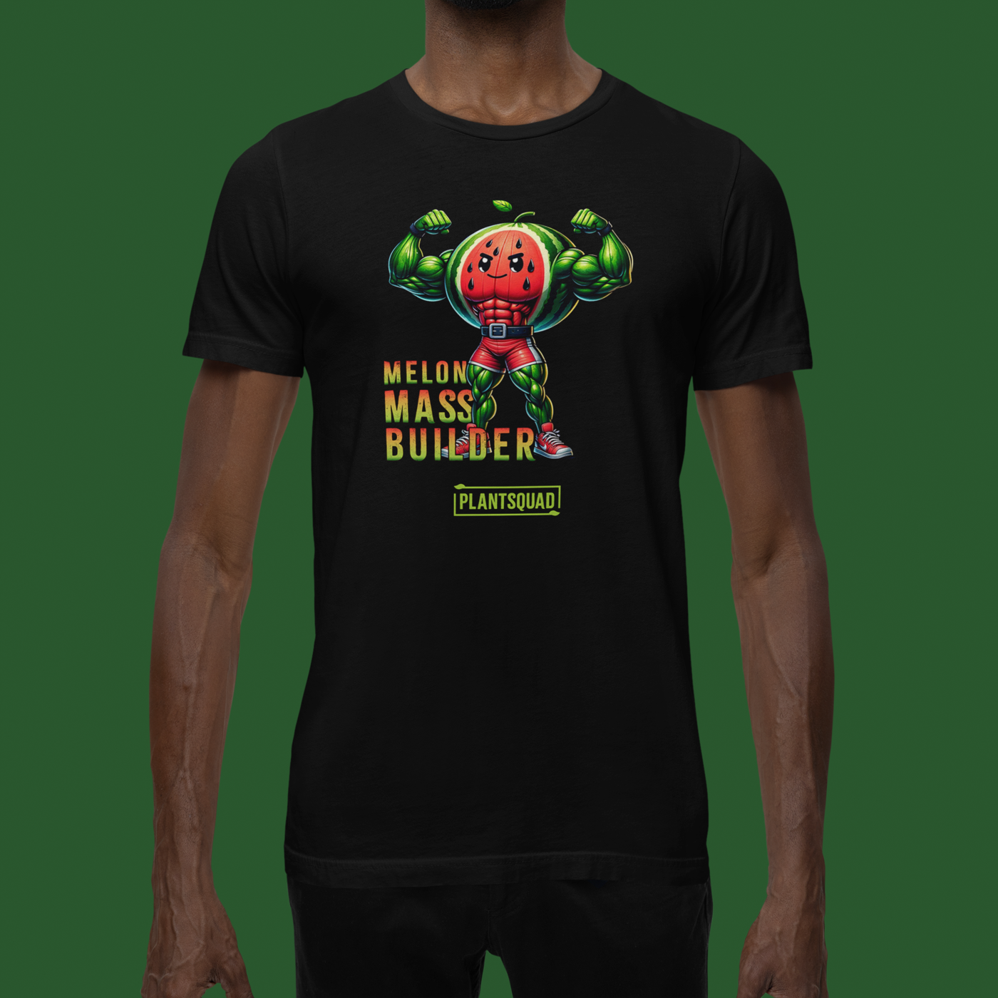 A black gym T-shirt features a muscly watermelon cartoon character flexing its arms. The text reads "Melon Mass Builder" in large colorful letters, with "Plant Squad" written below. Perfect for those embracing a vegan lifestyle, the design is bold and vibrant. The product name is: Plantsquad Watermelon "Melon Mass Builder" - Unisex T-Shirt.