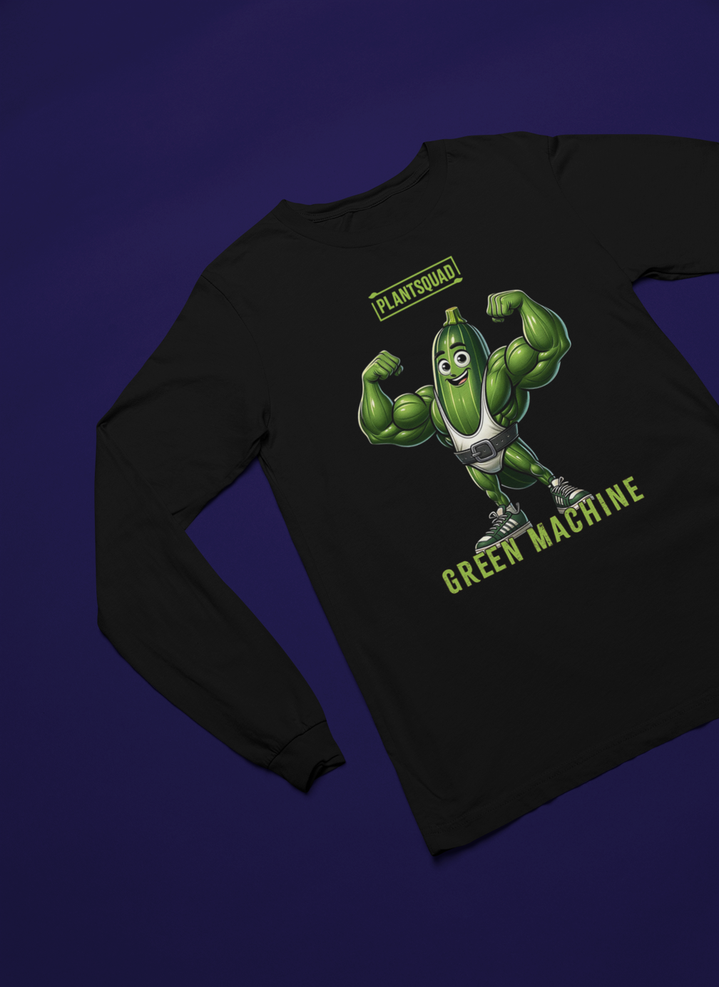 Black long-sleeve shirt displaying a cartoonish green muscular vegetable character flexing its muscles. The text "PLANTSQUAD" is at the top, with "GREEN MACHINE" below the character. Perfect for fitness enthusiasts embracing a vegan lifestyle, this Plantsquad Zucchini "Green Machine" - Unisex Long Sleeve T-Shirt combines humor and health.