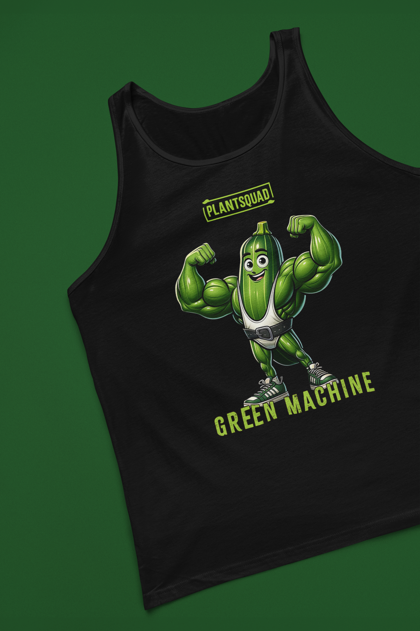 A black Plantsquad Zucchini "Green Machine" - Unisex Tank Top features a cartoon image of a muscular green vegetable character flexing its arms. Above the character, the text "PLANTSQUAD" is written, and below it, "GREEN MACHINE" is displayed. The character has a smiling face, sneakers, and a belt, perfect for promoting your plant-based lifestyle.